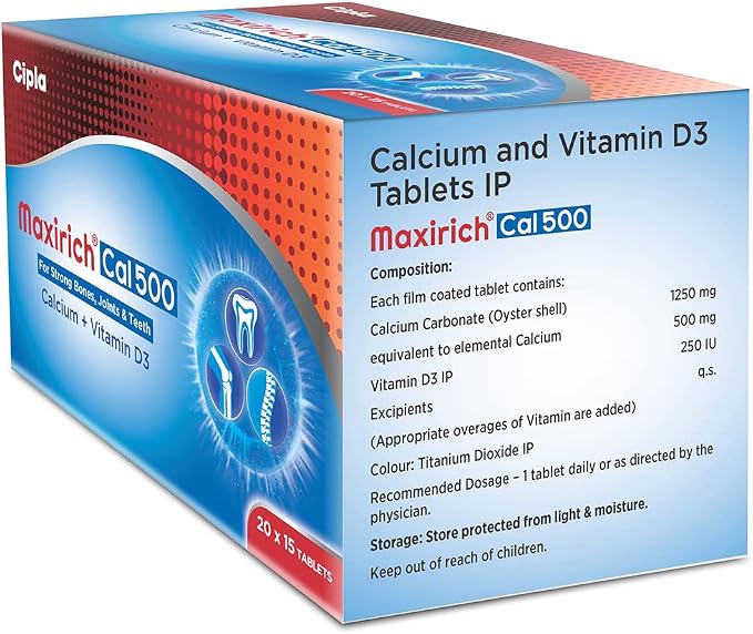 Cipla Maxirich Cal 500 75 Tablets | Calcium 500 MG + Vitamin D3 | Bone, Joint & Teeth Support