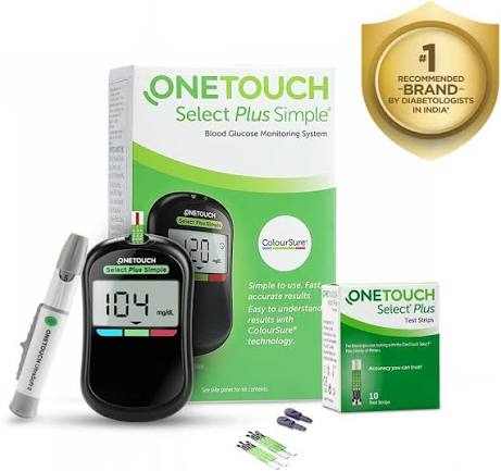OneTouch Select Plus Simple Glucometer (10 Free Test Strips Included)